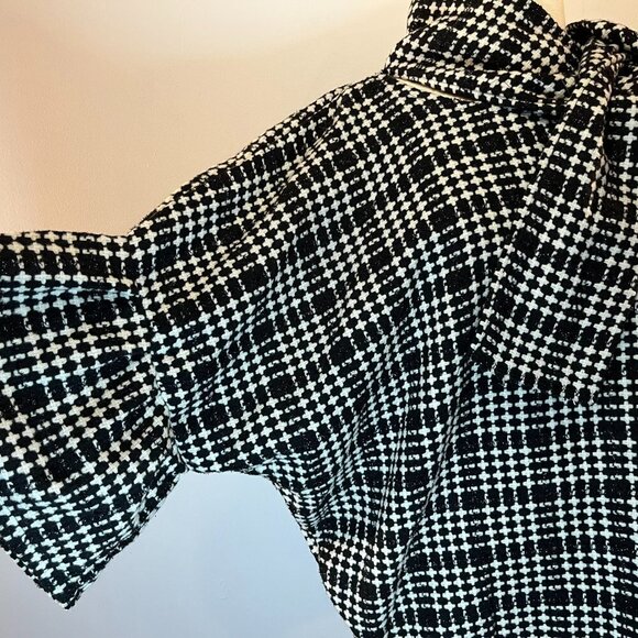 Women's Black and White Poncho with ruffle sleeves and attached scarf - Picture 2 of 4